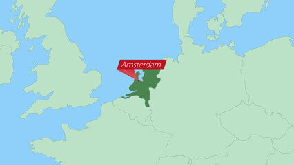 Map of Netherlands with pin of country capital.