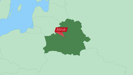 Map of Belarus with pin of country capital.