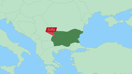 Map of Bulgaria with pin of country capital.