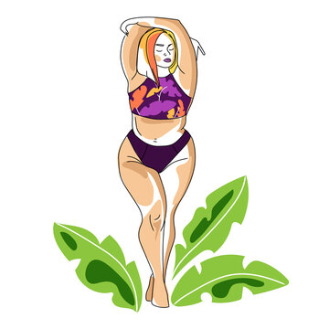 Beautiful female figure vector illustration isolated on white background.Vector logo template in simple minimal linear style.Curvy woman in swimsuit with botanical elements drawing.Body positivity 