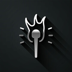 Silver Torch flame icon isolated on black background. Symbol fire hot, flame power, flaming and heat. Long shadow style. Vector
