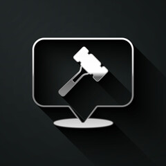 Silver Auction hammer icon isolated on black background. Gavel - hammer of judge or auctioneer. Bidding process, deal done. Auction bidding. Long shadow style. Vector