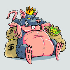 big ugly mouse sitting with pile of money and gold coins