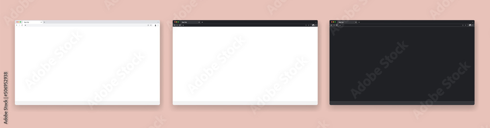 Poster Realistic web browser windows - Vector illustration of blank internet browsers in light and dark mode on coral coloured background