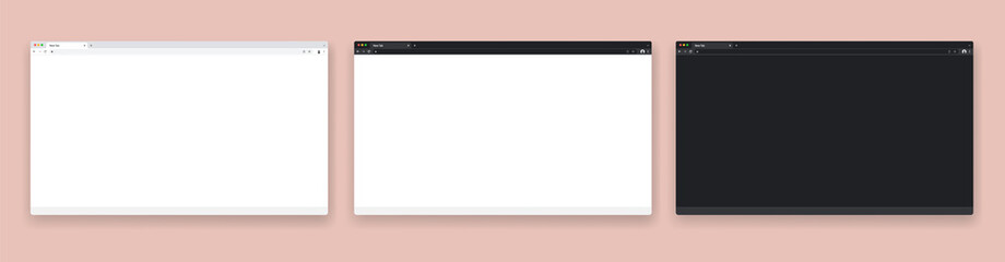 Realistic web browser windows - Vector illustration of blank internet browsers in light and dark mode on coral coloured background - obrazy, fototapety, plakaty
