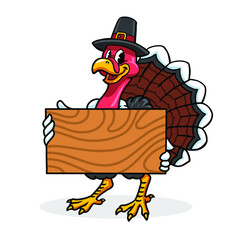 Happy thanksgiving turkey mascot with wood board