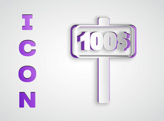 Paper cut Hand holding auction paddle icon isolated on grey background. Bidding concept. Auction competition. Hands rising signs with BID inscriptions. Paper art style. Vector