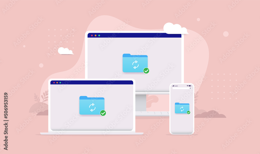 Aufkleber File sharing between devices - Laptop, desktop computer and smartphone synching files and folder. Vector illustration