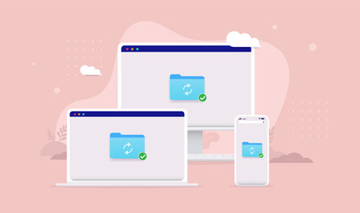 File sharing between devices - Laptop, desktop computer and smartphone synching files and folder. Vector illustration