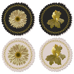 Flower on round beige and black background with gold round frame. Gold colors. Vector illustration.