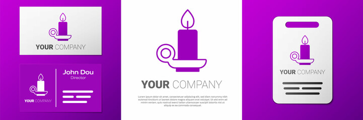 Logotype Burning candle in candlestick icon isolated on white background. Cylindrical candle stick with burning flame. Logo design template element. Vector