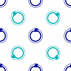 Blue Magic symbol of Ouroboros icon isolated seamless pattern on white background. Snake biting its own tail. Animal and infinity, mythology and serpent. Vector