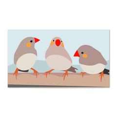 Three small birds on a light background with red beaks. Painting