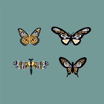 A set with butterflies and other insects. Illustrations of flying species. Colored winged moths, dragonflies, doodle butterflies. Vector illustration