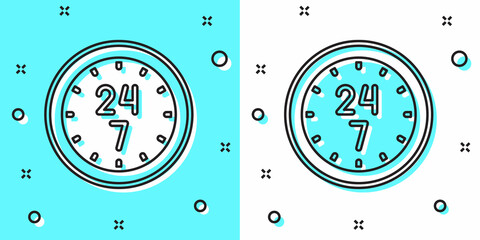 Naklejka premium Black line Clock 24 hours icon isolated on green and white background. All day cyclic icon. 24 hours service symbol. Random dynamic shapes. Vector