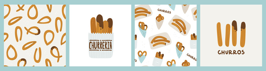Churros. Set of vector illustrations and seamless patterns for churreria. Spanish, Madrid or Mexican traditional pastries for breakfast.