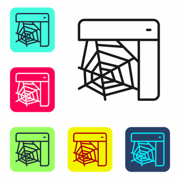 Black line Spider web icon isolated on white background. Cobweb sign. Happy Halloween party. Set icons in color square buttons. Vector