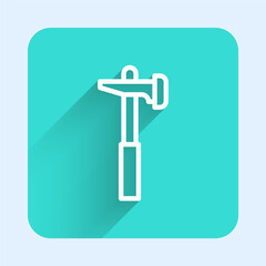 White line Hammer icon isolated with long shadow background. Tool for repair. Green square button. Vector