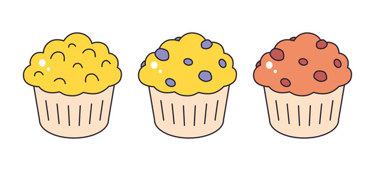 Blueberry and chocolate muffins set isolated cartoon vector icons