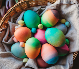 Fototapeta na wymiar Close up top view of basket of colorful dyed Easter eggs.