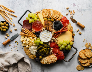 Overhead of charcuterie board of cheese, meat, crackers and fruit.