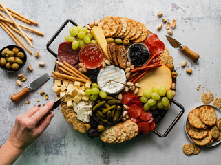 Hand sampling charcuterie board of meat, cheese, fruit, crackers.