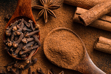 Aromatic Christmas spices - cinnamon, anise and cloves