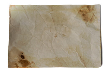 Old paper wrinkled with spots isolated on white background