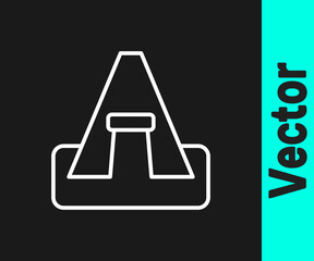 White line Tourist tent icon isolated on black background. Camping symbol. Vector