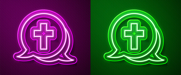 Glowing neon line Christian cross icon isolated on purple and green background. Church cross. Vector