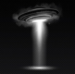 Realistic silver UFO. Beam of light for kidnapping people in space, galaxy and universe. Innovation and futuristic pictures. Imagination and fantasy, mysticism. Isometric vector illustration