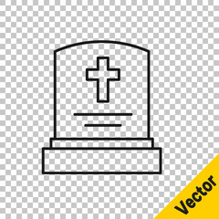 Fototapeta premium Black line Grave with tombstone icon isolated on transparent background. Vector
