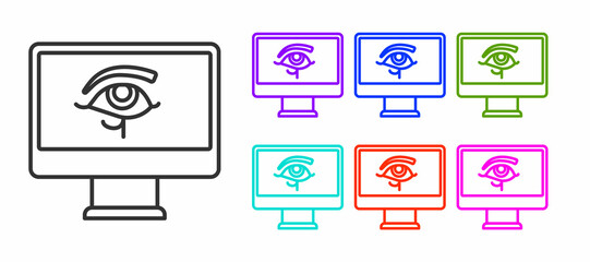 Black line Eye of Horus on monitor icon isolated on white background. Ancient Egyptian goddess Wedjet symbol of protection, royal power and good health. Set icons colorful. Vector