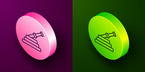 Isometric line Fire hose reel icon isolated on purple and green background. Circle button. Vector