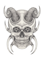 Art surreal fantasy devil skull tattoo. Hand drawing on paper.