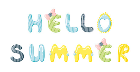 Candy Hello Summer Lettering. Funny candy caramel letters. Vector cute illustration with text. Baby design for baby showers , posters, clothes, banners, wall art, cards.