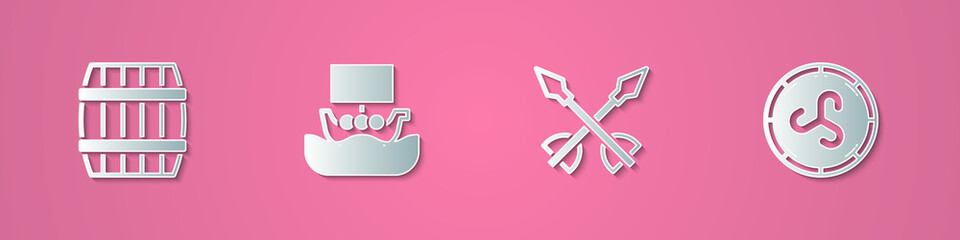 Set paper cut Wooden barrel, Viking ship Drakkar, Medieval arrows and Shield viking icon. Paper art style. Vector