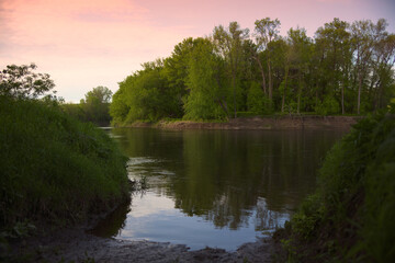 Fototapeta na wymiar river sunset sky tranquil forest peaceful water landscape