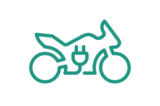 Electric sportbike icon. Green cable electrical motorcycle linear contour and plug charging symbol. Eco friendly electro motorbike vehicle sign. Vector battery powered EV transportation illustration