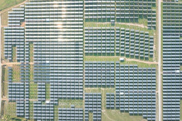 Solar farm, field or solar power plant in aerial view consist of photovoltaic cell in panel,...