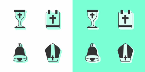 Set Pope hat, Christian chalice, Church bell and Calendar with Easter icon. Vector