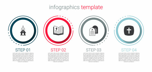 Set Church building, Holy bible book, and Christian cross. Business infographic template. Vector