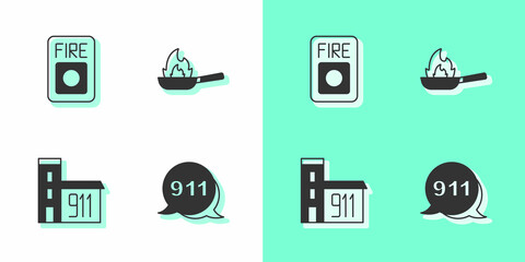 Set Emergency call 911, Fire alarm system, Building of fire station and Pan with icon. Vector