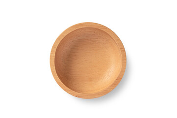 Wooden bowl isolated on white background. top view