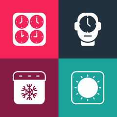 Set pop art Sun, Calendar winter, Clock and Time zone clocks icon. Vector