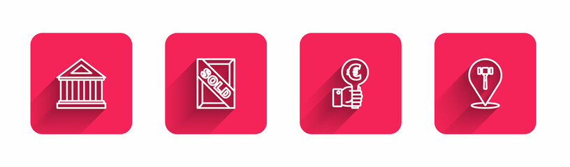 Set line Museum building, Auction painting sold, Hand holding auction paddle and hammer with long shadow. Red square button. Vector