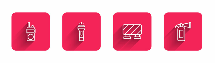 Set line Walkie talkie, Flashlight, Road barrier and Fire extinguisher with long shadow. Red square button. Vector