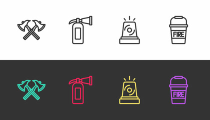 Set line Firefighter axe, extinguisher, Flasher siren and bucket on black and white. Vector
