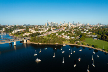 Aerial view of a waterfront suburb close to to Sydney CBD in Australia