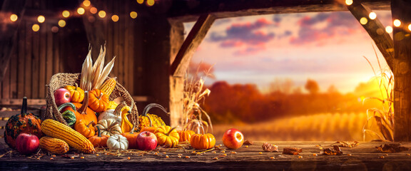 Basket Of Pumpkins, Apples And Corn On Harvest Table in Barn With Open Door And Sunset Background -...